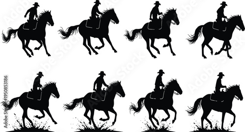 Set of Cowboy Riding Horse Silhouette Icons, Wild West Equestrian Vector Illustrations, Western Horseman Graphic Elements for Retro Frontier Design Projects