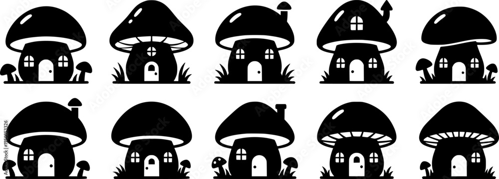 Naklejka premium set of mushroom house line art, black outline, vector and illustration, coloring book page line art drawing 