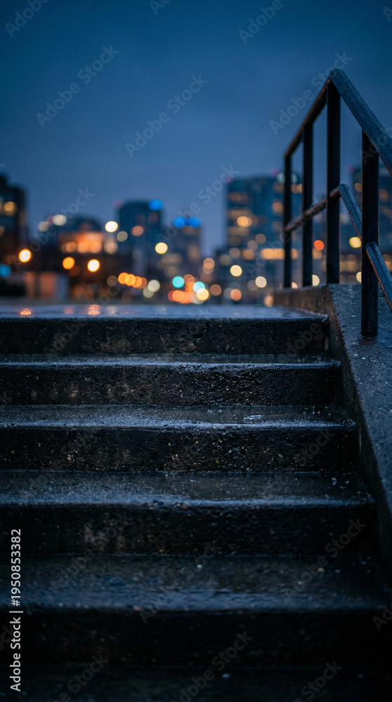 Obraz premium Dusk settles over city stairs leading to blurred urban lights