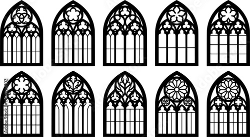 set of gothic window line art, black outline, vector and illustration, coloring book page line art drawing
