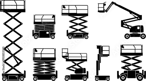 set of scissor lift machine silhouette, black and white silhouette, vector and illustration
