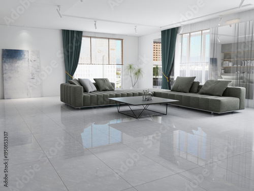 Photos living room featuring a large window and a sleek white tile floor