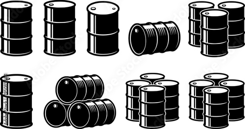 set of metal oil barrel silhouette, black and white silhouette, vector and illustration
