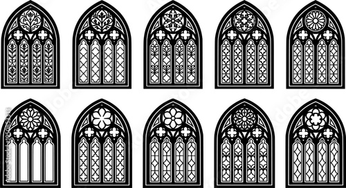 set of gothic window line art, black outline, vector and illustration, coloring book page line art drawing
