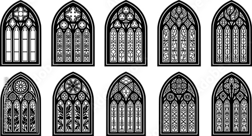 set of gothic window line art, black outline, vector and illustration, coloring book page line art drawing

