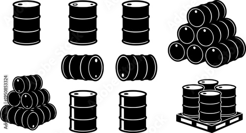 set of metal oil barrel silhouette, black and white silhouette, vector and illustration
