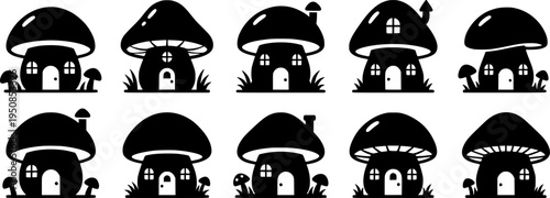 set of mushroom house line art, black outline, vector and illustration, coloring book page line art drawing
