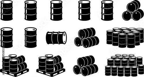 set of metal oil barrel silhouette, black and white silhouette, vector and illustration
