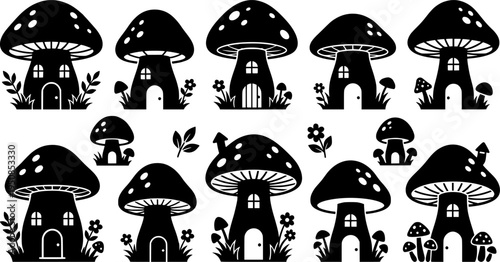 set of mushroom house line art, black outline, vector and illustration, coloring book page line art drawing
