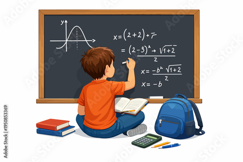 A boy writes on a chalkboard with equations and sits with books and a backpack in a classroom setting.