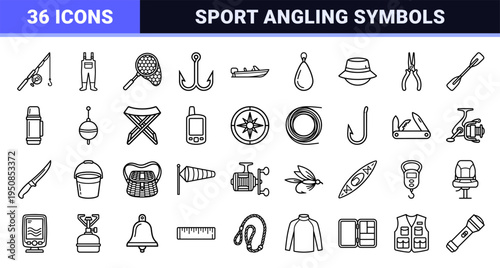 Commercial Angling and Sport Fishing Monoline Symbols for Technical Interface Design and Outdoor Recreation App Development Projects