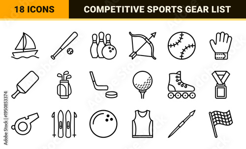 Professional Athletic Equipment Line Symbols for Sports App Interface Design and Minimalist Physical Education Editorial Graphics
