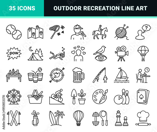 Professional Monoline Recreational Lifestyle Symbols for Diverse Hobbies and Outdoor Activities Featuring Sleek Minimalist Outlines on White
