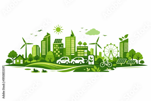 Eco-friendly cityscape with green technology and transportation options