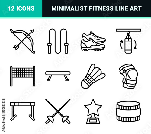 Professional Athletic Equipment and Competitive Sports Monoline Symbols featuring Precise Minimalist Outlines for Digital Interface Design