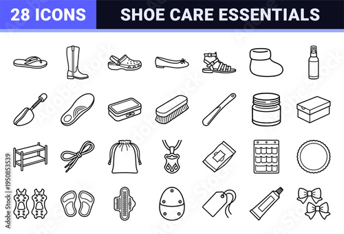 Footwear Fashion and Shoe Care Essentials Monoline Outline Symbols for Retail Interface Design and Commercial E-commerce Navigation