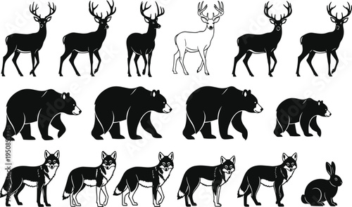 Set of forest animal silhouettes featuring deer bear fox and rabbit isolated on white background vector illustration for nature design.