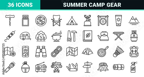 Outdoor Adventure and Summer Camping Technical Monoline Outline Symbols for Expedition Mapping and Recreational Wilderness Navigation Graphics