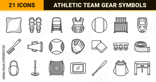 Professional Baseball Field Layout and Athletics Equipment Monoline Symbols for Sports Management Software and Stadium Facility Mapping