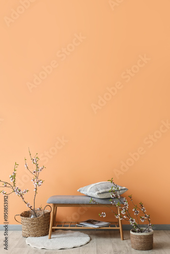 Grey bench and vases with b...