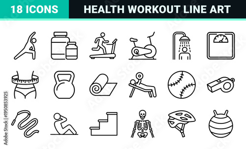 Fitness and Wellness Monoline Symbols for Health Tracking Apps and Gym Signage Featuring Minimalist Black Outlines and Uniform Stroke Weight.