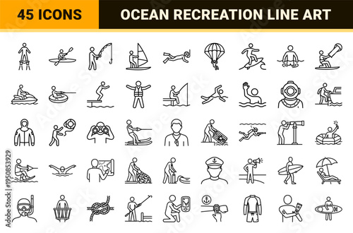 Marine Activities Line Art Symbols for Nautical Branding and Water Sports UI Design featuring Technical Monoline Geometry and Minimalist Style