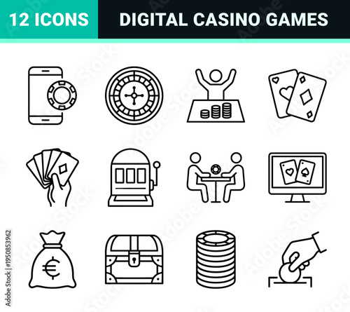 Gambling and Online Casino Line Art Symbols for Digital Betting Platforms and Mobile Gaming UI Featuring Minimalist Stroke Aesthetic