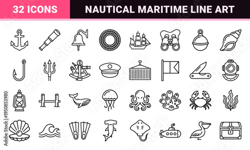 Marine Nautical Outline Symbols for Maritime Navigation and Ocean Exploration featuring Minimalist Monoline Aesthetic and High Clarity Geometry