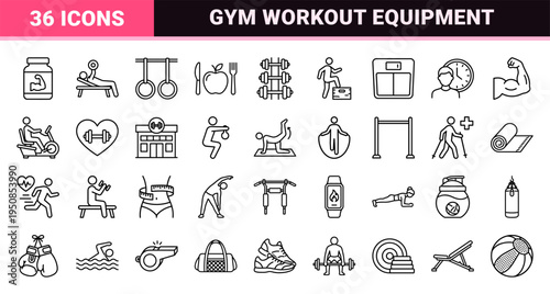 Professional Fitness and Gym Equipment Monoline Symbols for Commercial Health Wellness Digital App Design Projects