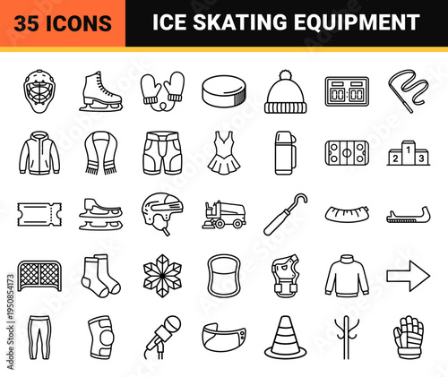 Ice Skating and Winter Sports Technical Monoline Symbols featuring Minimalist Figure Skates and Hockey Equipment for UI Design.