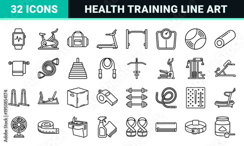 Gym and Fitness Equipment Line Art Symbols Featuring Heavy Machinery Weightlifting Gear and Health Tracking Technology in Minimalist Monoline Style
