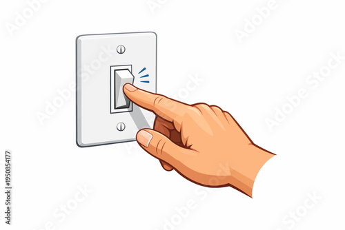 A hand turns on a light switch plate indoors with fingers.