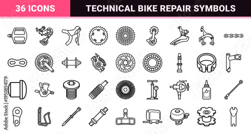 Technical Bicycle Drivetrain Monoline Outlines for Cycling Mechanics and Maintenance Guides featuring Minimalist Geometric Bike Components