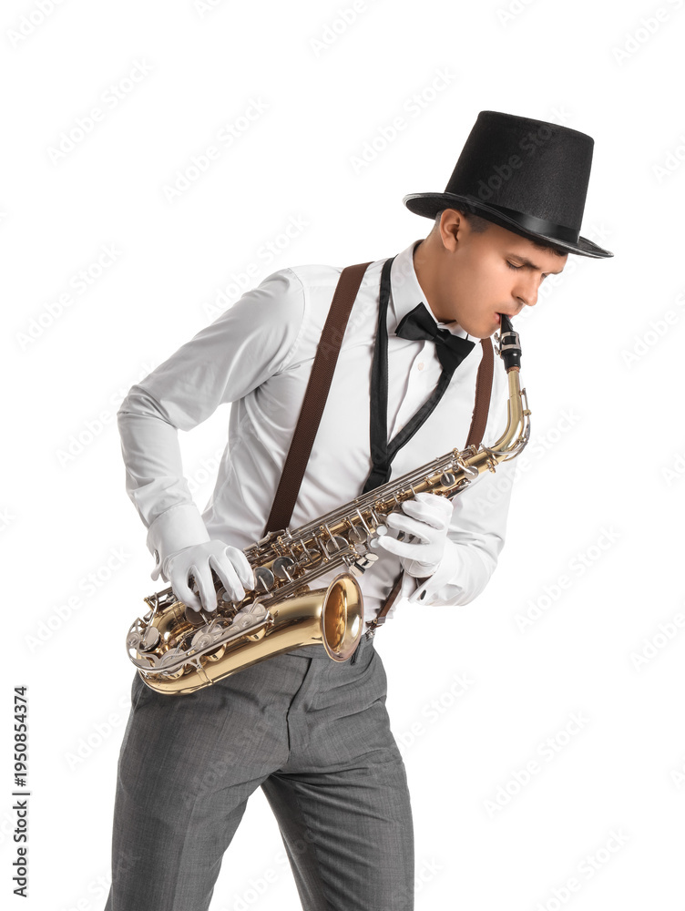 Naklejka premium Male artist playing saxophone on white background