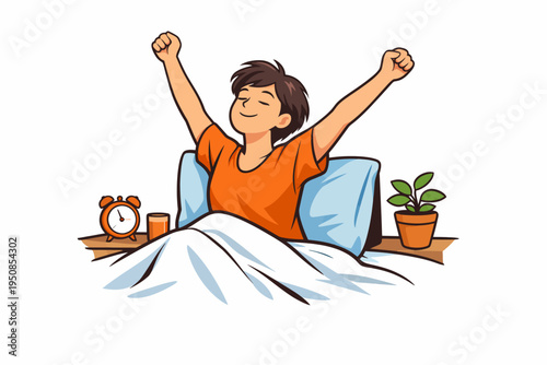 A man stretches in bed with arms raised in a joyful morning scene