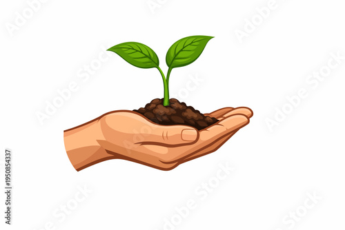 A hand holds a small green plant with leaves in soil outdoors