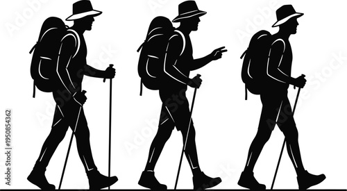 Set of Hiker Silhouette Icons with Backpacks and Trekking Poles, Outdoor Adventure Vector Illustrations, Mountaineering Graphic Elements for Travel Designs