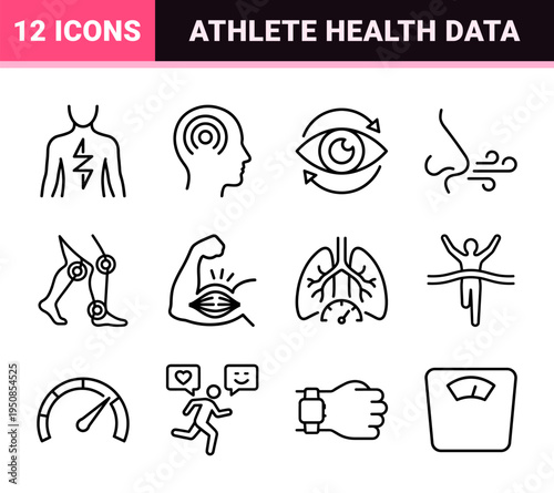 Biometric Sports Performance and Athlete Health Tracking Monoline Symbols for Digital Fitness Interfaces and Wearable Technology Documentation