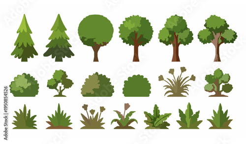 Cartoon trees bushes plants vector pack with stylized garden foliage