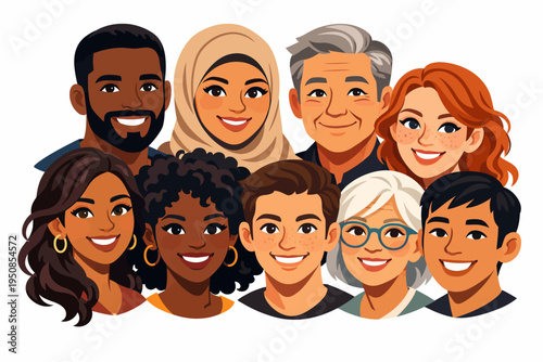 A diverse group of people smiling together in a friendly gathering setting with adults