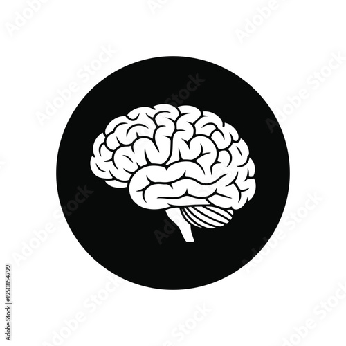 Human brain illustration in black and white circle
