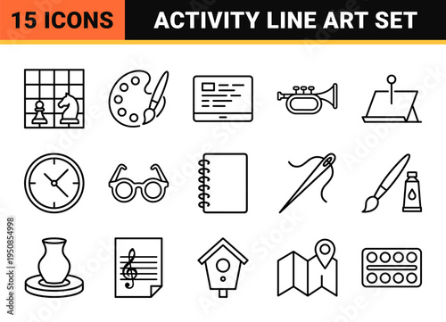 Minimalist Monoline Extracurricular Activities and Educational Hobbies Symbol Set featuring Clean Vector Outlines for School Clubs and Personal Interests.
