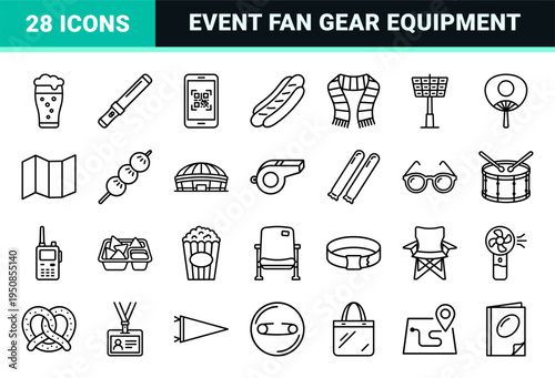 Stadium Spectator and Game Day Fan Equipment Monoline Outlines for Sports Event Navigation and Fan Engagement Mobile Interface Design