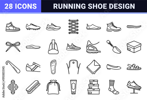 Athletic Footwear and Sneaker Anatomy Monoline Icons Featuring Running Shoes, Technical Components, and Sport Specific Footwear Symbols