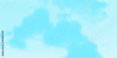 Dotted comic cloud background. White halftone clouds in blue sky. Pop art heaven wallpaper for banner, brochure, collage, poster, leaflet. Pixelated smoke, smog or fog texture. Vector illustration