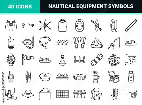 Nautical Recreation and Water Sports Technical Monoline Symbols featuring Minimalist Kayak Boat and Paddling Equipment Visual DNA