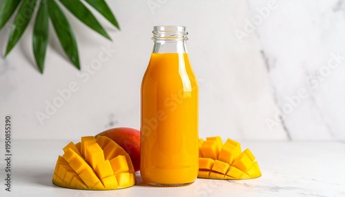 Refreshing golden mango juice in a bottle, surrounded by ripe, sliced mangoes and a tropical leaf, offering a delightful taste of summer on a bright background