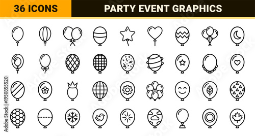 Celebratory Party Balloon Monoline Symbols featuring Technical Outline Aesthetic and Uniform Stroke Weight for Event Planning and Design