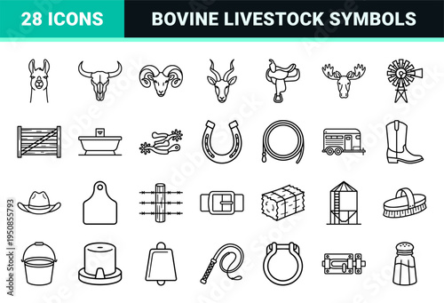 Livestock Ranching and Bovine Anatomy Monoline Symbols for Commercial Agriculture and Butchery Branding Featuring Clean Minimalist Line Art
