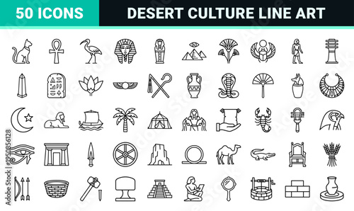 Ancient Egyptian Mythology and Desert Landscape Monoline Symbols for Historical Education and Travel Branding